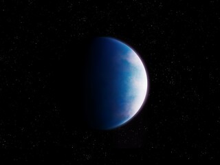 Earth-like exoplanet in blue. Super-Earth planet in outer space. Realistic planet with atmosphere.