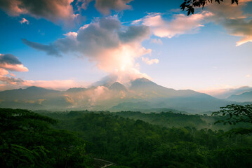 Sunrise over the volcanoes Santa Maria and Santiaguito on the jungle side