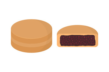 Imagawayaki whole and in cut isolated on white background. Japanese wheel cake Obanyaki. Traditional Asian dessert with anko. Flat vector illustration