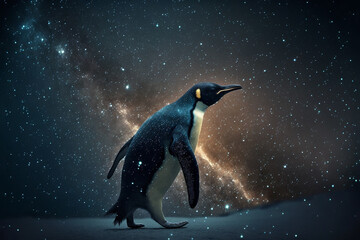 illustration of a penguin walking under galaxy night sky - obrazy, fototapety, plakaty