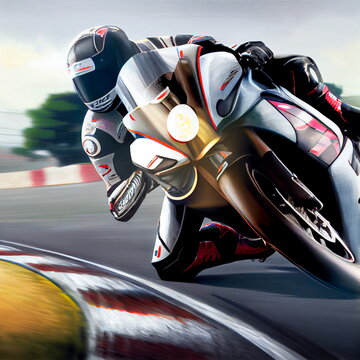 Stunning photorealistic illustration of bikers riding at high speed on a race track. Not based on original images, characters or people