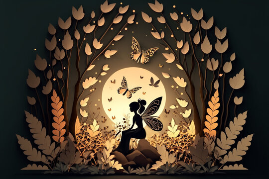 paper craft illustration of beautiful cute fairy in magical enchanted forest 