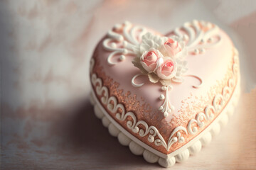 illustration of romantic macaroon  in heart shape decorated with icing flower 