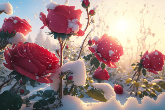 illustration of blossom red rose flower covered with snow, snow fall,