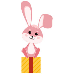 A cute pink bunny is sitting on a Christmas box. Vector illustration