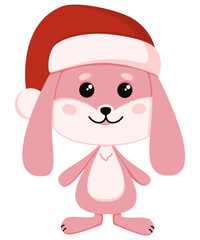 Cute pink rabbit in a Santa Claus hat. Vector illustration