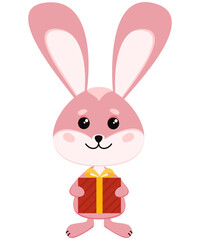 A cute pink bunny holds a gift in its paws. Vector illustration
