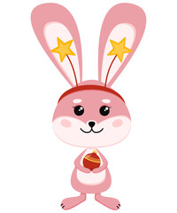 A cute pink bunny is holding a Christmas ball. Vector illustration