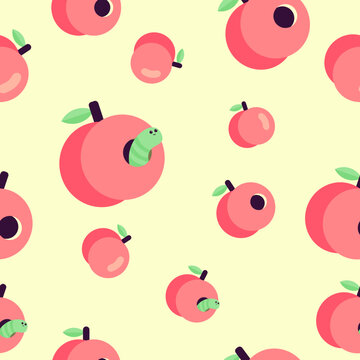 Padr&atilde;o cont&iacute;nuo de ma&ccedil;&atilde;s e bichinho dentro da ma&ccedil;&atilde;. Ilustra&ccedil;&atilde;o vetorial flat.