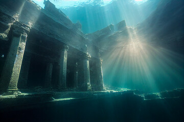 Maritime ruins reminiscent of Atlantis illuminated by the sun's rays. Travel through prehistory and underwater archaeology in a setting rich in detail. - obrazy, fototapety, plakaty