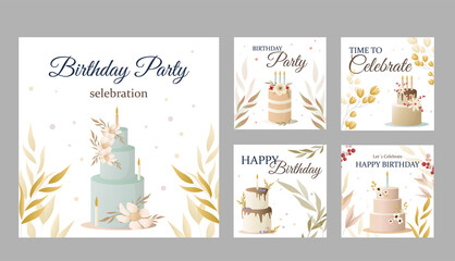 Birthday card with cake, flowers, candles and wishing. cartoon vector color outline sketch illustration isolated on white background