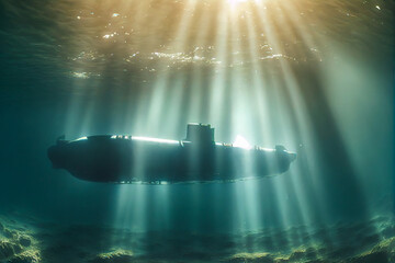 A submarine glides through the deep, illuminated by sunbeams - its silhouette a mysterious, ominous presence of military power. Perfect for adding a dramatic effect to any project.