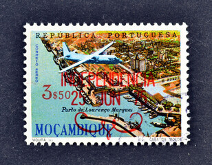 Cancelled postage stamp printed by Mozambique, that shows Harbor of Lourenco Marques, ...