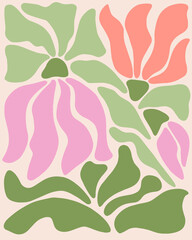 Abstract flower posters. Trendy botanical wall arts with floral design in danish pastel colors. Matisse-inspired floral paintings. Decorative contemporary botanical elements. Vector naive art print