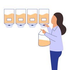 Eco friendly consumer with sustainable shopping habits. Refilling station at supermarket to reduce packaging waste