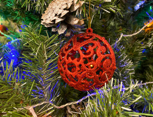 Christmas toy, red ball.