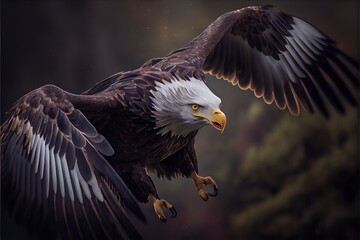  a bald eagle flying through the air with its wings spread out and it's talon extended out. Generative AI - obrazy, fototapety, plakaty