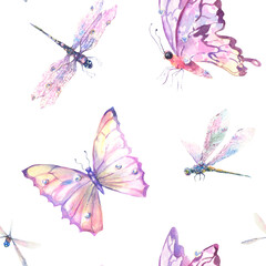Watercolor Seamless Pattern with Romantic Flying Dragonflies and Butterflies on white background.