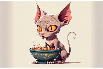 Fototapeta na wymiar Sphynx cat licking its lips while eating from a bowl, isolated on a white backdrop. Generative AI