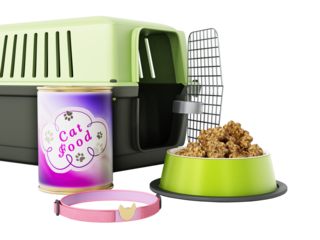Cat collar, carrier and food on transparent background.