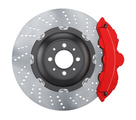 Car brake disc and red caliper on transparent background. - obrazy, fototapety, plakaty