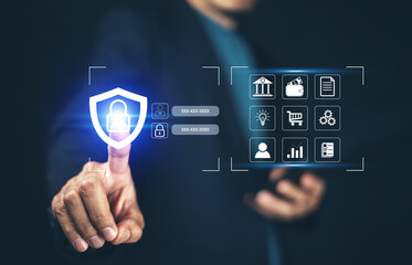 Businessman using password Cybersecurity and privacy concepts to protect data. Lock icon internet network security technology. Businessmen protecting personal data on laptop and virtual interfaces.