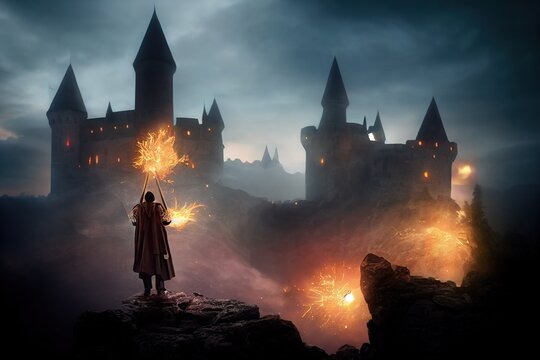 A Wizard Attacking a Castle.
