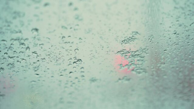 Snow falls on the windshield and melts, traffic lights flicker in the background.