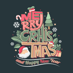 Lettering cute greetings Merry Christmas and Happy New Year