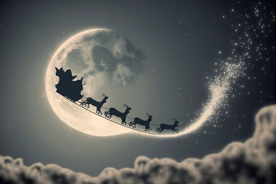 Santa Claus is spotted in the night sky as he flies in front of the moon on Christmas Eve , delivering gifts to good boys and girls. Santa Claus silhouette seen in the sky at night.