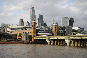 Fototapeta na wymiar View to the City of London and the Cannon Street Railway Bridge, England United Kingdom