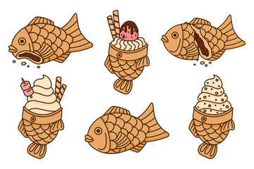 Taiyaki japanese pastry set. Fish shaped cake stuffed with red adzuki bean, ice cream. Japanese street food