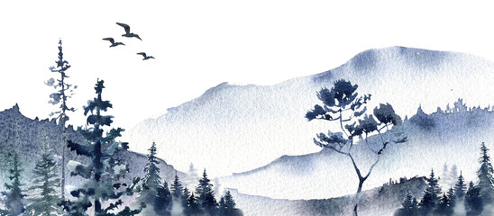Mountain landscape. Foggy forest . Watercolor illustration isolated on a transparent background.