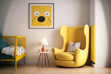 There is a white wall and a yellow recliner in the children's living room. Generative AI
