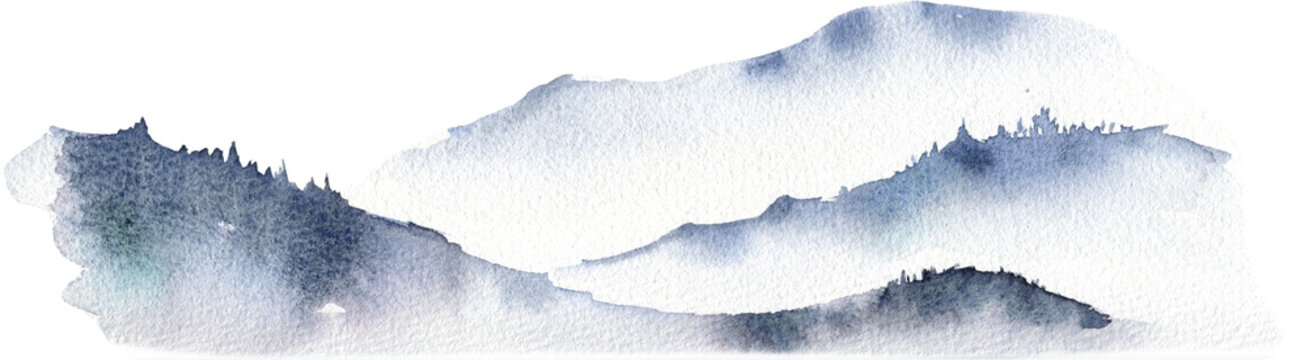 Mountain landscape. Foggy forest . Watercolor illustration isolated on a transparent background.