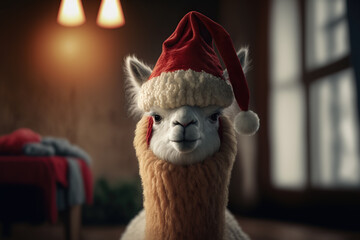 portrait of alpaca with santa hat, illustration generated by AI