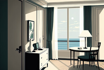 With white walls and a large window, the little hotel room is elegant. Generative AI