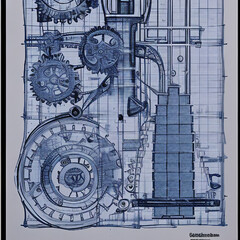 Generative AI illustration of a steampunk complex mousetrap design schematic