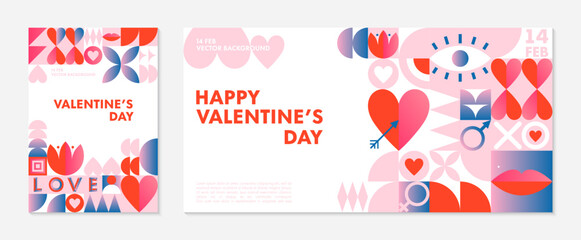Bundle of Valentines Day greeting banners templates.Romantic vector layouts in bauhaus style with geometric elements and symbols.Modern trendy designs for banners,invitations,prints,promo offers.