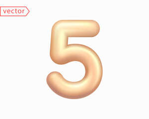 3d Golden Number 5. Arabic Number Five Sign in Gold Color. Realistic Golden Shiny 3D Symboll isolated on white background. Birthday, Anniversary, New Year, Holiday Concept. 3D vector illustration