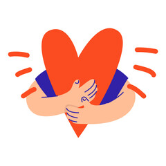 Man hold, hug red heart. Present for Valentines day, 8 march, birhday.Vector isolated on white background