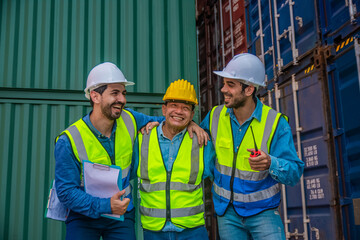 Team Businessman working on site containers yard for business shipping import and export, Caucasian worker inspecting  container in warehouse  logistic delivery services, export management team.