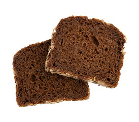 two slices of rye bread on white background, top view, fresh delicious homemade healthy baking