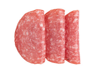 salami sausage slices isolated on white background, three pieces of sliced salami sausage laid out...