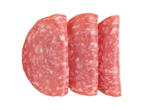 salami sausage slices isolated on white background, three pieces of sliced salami sausage laid out to create layout