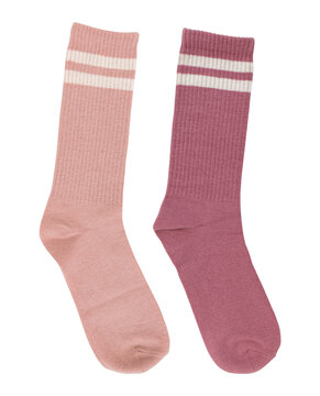 set of long pink socks isolated on white background, top view
