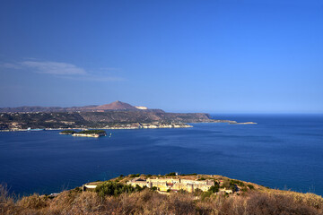 View of Souda Bay and the stone walls of the historic castle on the Greek island of Crete