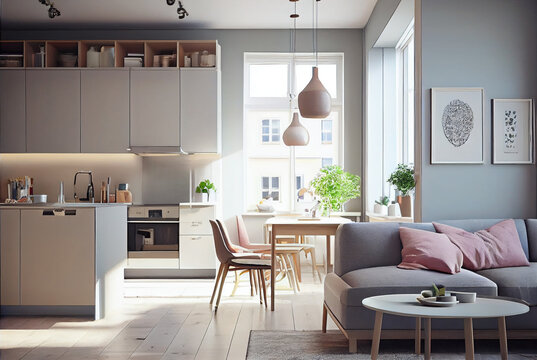 Scandinavian-Style Studio Apartment with Bright Pastel and Beige Colors, Modern Furnishings, and Kitchen Details. generative ai.