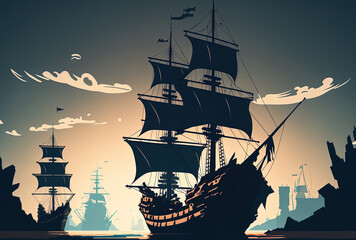 A ship's dark masts against a sky background. Generative AI