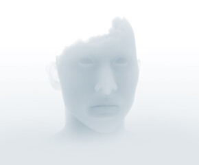 Head in the clouds, cloud effect. A person's face formed by clouds. Dreamer, ideas and imagination. Lightness and carefree. 3d rendering
